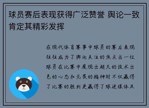 球员赛后表现获得广泛赞誉 舆论一致肯定其精彩发挥