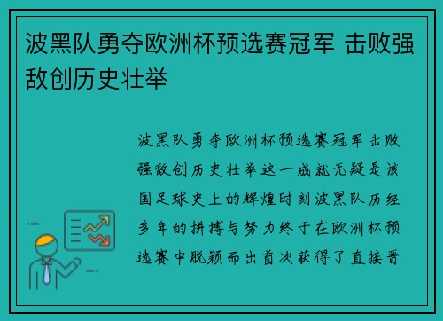 波黑队勇夺欧洲杯预选赛冠军 击败强敌创历史壮举