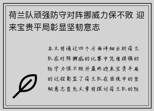 荷兰队顽强防守对阵挪威力保不败 迎来宝贵平局彰显坚韧意志