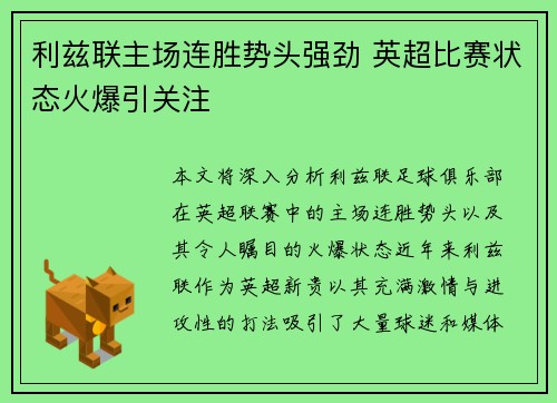 利兹联主场连胜势头强劲 英超比赛状态火爆引关注