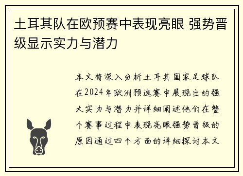 土耳其队在欧预赛中表现亮眼 强势晋级显示实力与潜力