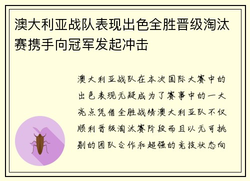 澳大利亚战队表现出色全胜晋级淘汰赛携手向冠军发起冲击