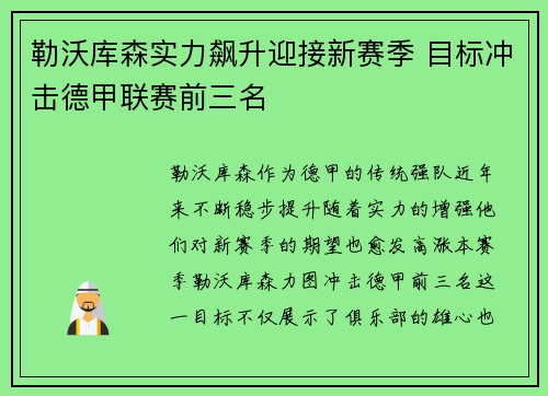 勒沃库森实力飙升迎接新赛季 目标冲击德甲联赛前三名