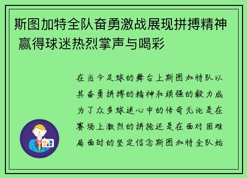 斯图加特全队奋勇激战展现拼搏精神 赢得球迷热烈掌声与喝彩